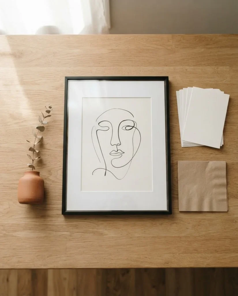 Budget minimalist art print styled flat-lay showing a free digital download print in an inexpensive thin black frame on a light wood surface, white matte board, warm natural light
