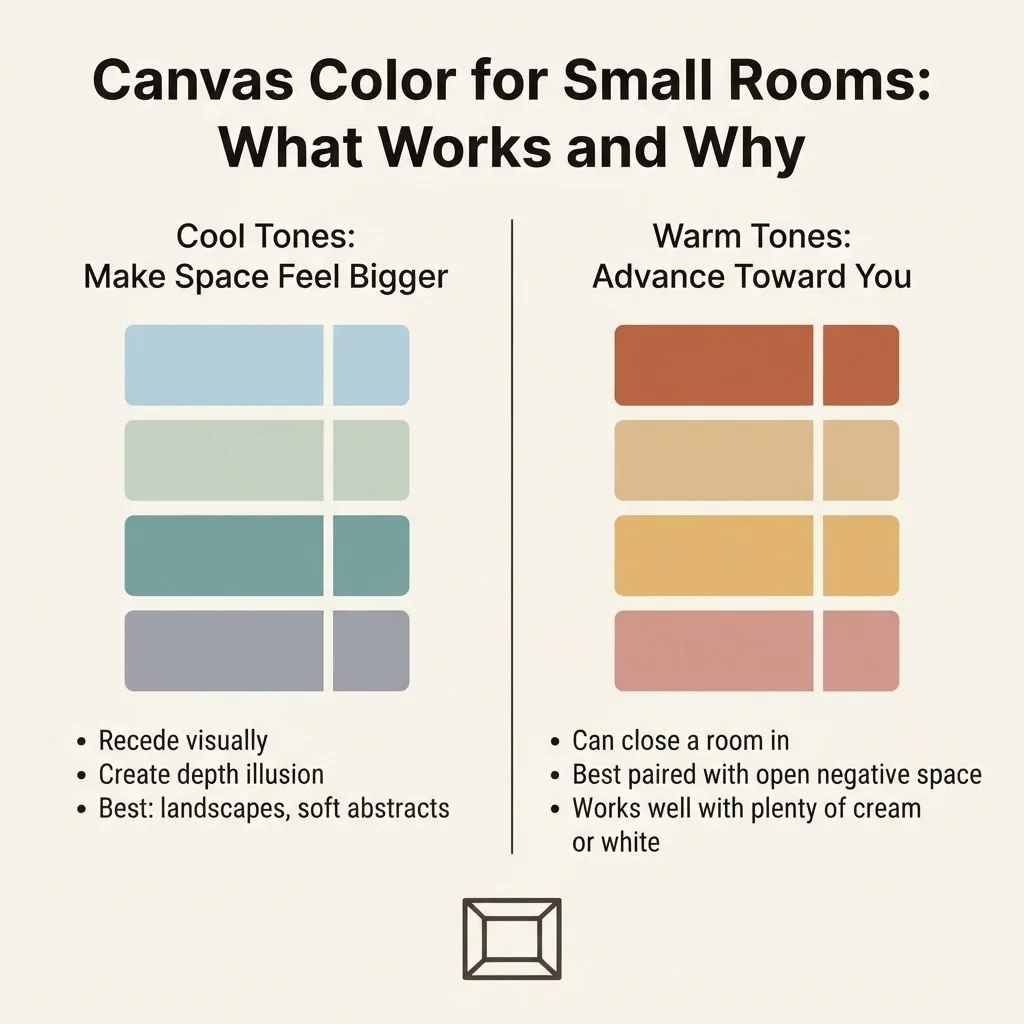 Infographic comparing cool toned and warm toned canvas art palettes for small living rooms, soft blues and sage versus terracotta and warm ochre swatches