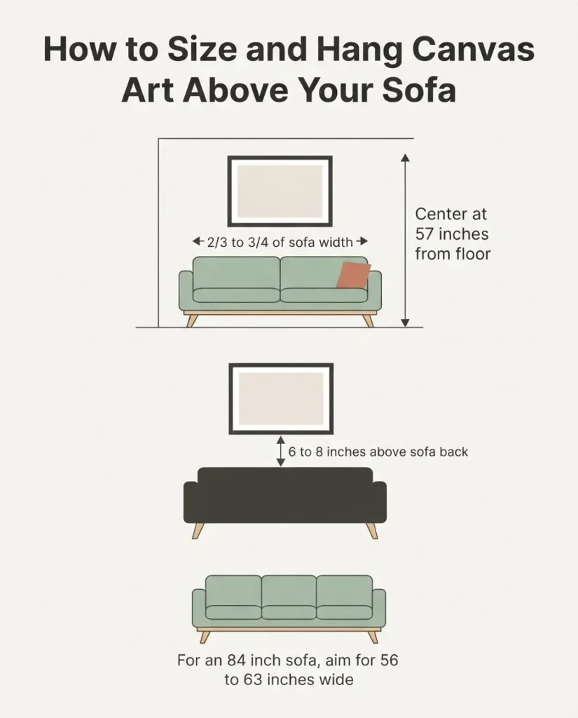 Infographic diagram showing canvas art sizing rules above a sofa, two-thirds sofa width rule, 57-inch center height, and 6 to 8 inch above sofa spacing
