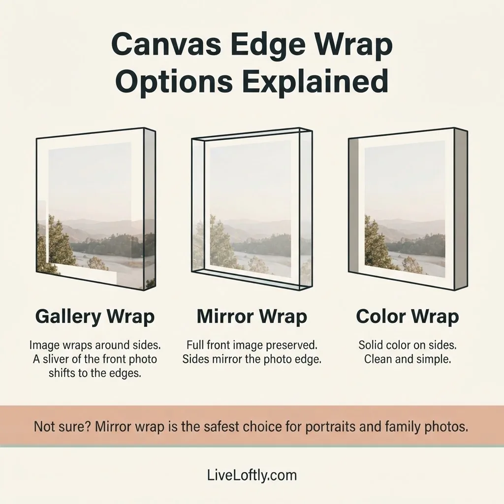 Diagram comparing three canvas print edge wrap options: gallery wrap, mirror wrap, and color wrap, showing how each handles the frame sides