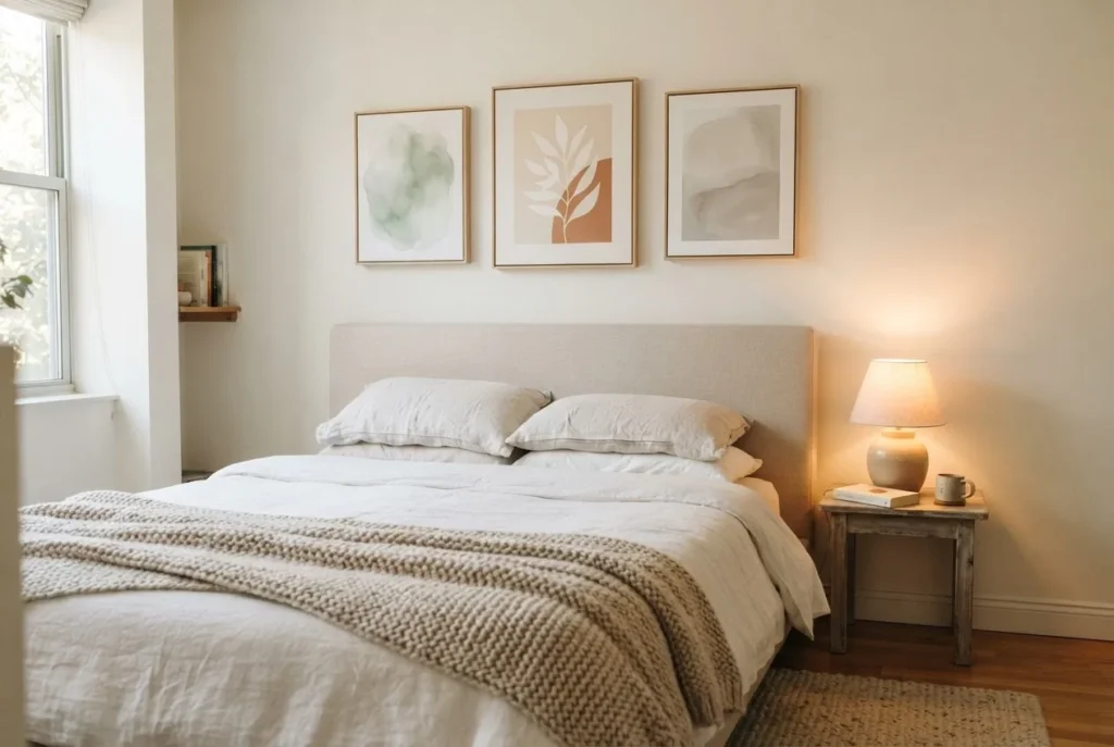 Calm bedroom with a horizontal linear canvas gallery wall above a linen headboard, neutral tones, soft natural morning light, small space decor