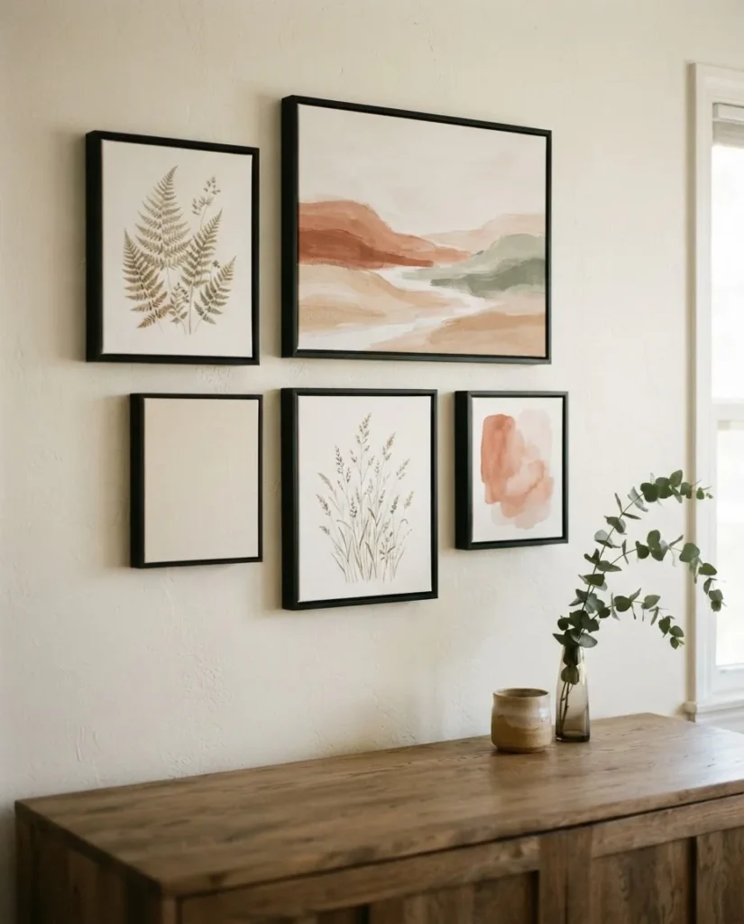 Close-up of a cohesive canvas gallery wall in warm earthy tones, mixed subject matter unified by muted color palette, natural light, calm home decor