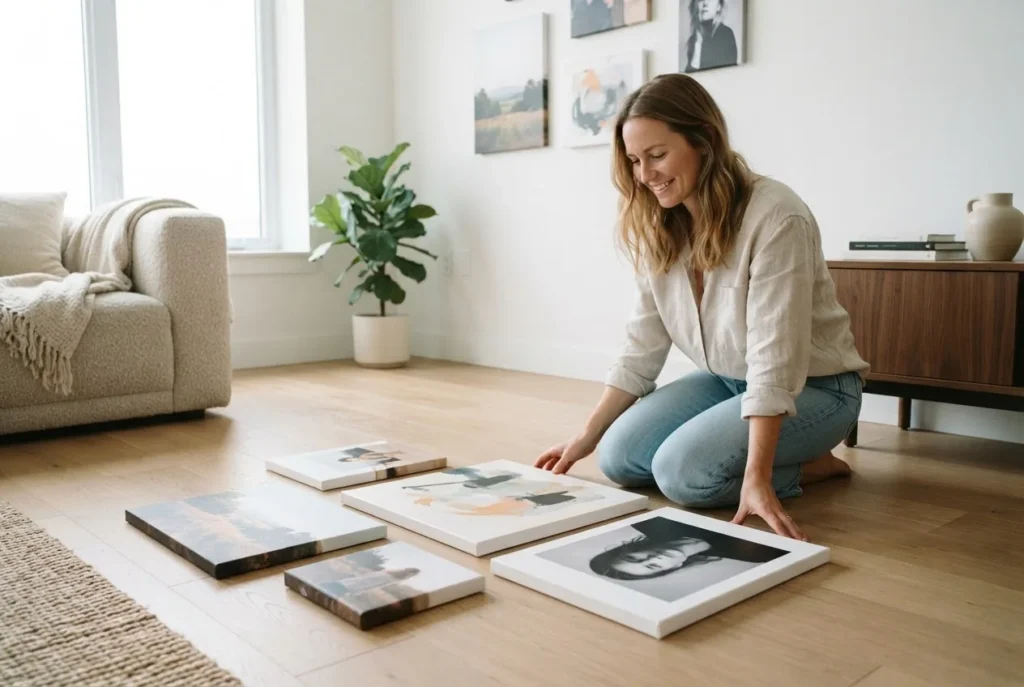 Woman arranging canvas prints on a light wood floor to plan a gallery wall layout before hanging, apartment styling process, natural light