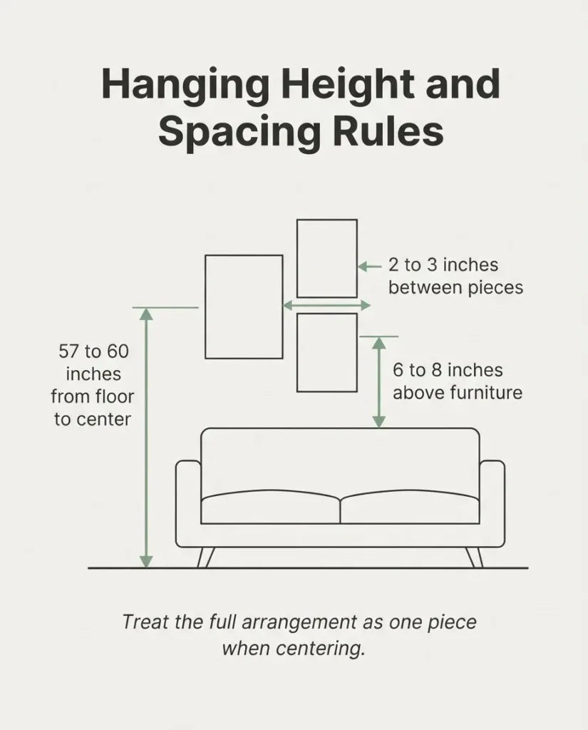 Diagram showing 57 to 60 inch gallery wall hanging height rule, 2 to 3 inch frame spacing, and 6 to 8 inch furniture clearance for canvas gallery wall