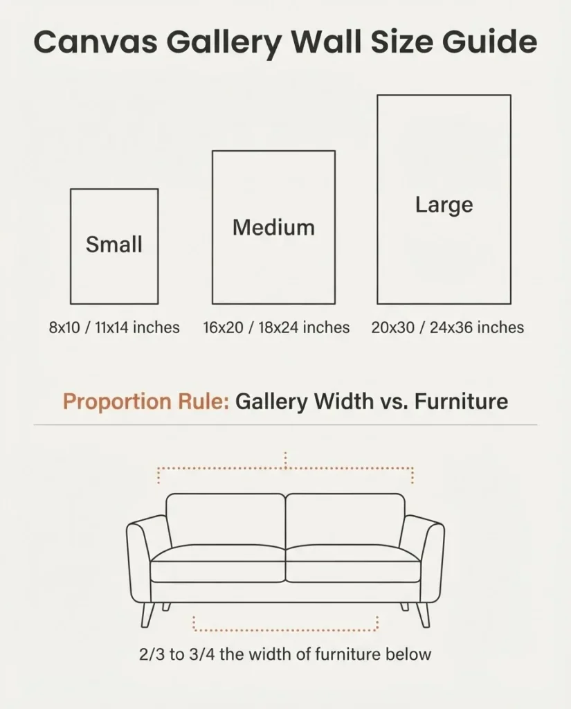 Canvas gallery wall size guide infographic showing small medium and large canvas dimensions and furniture proportion rules for beginners