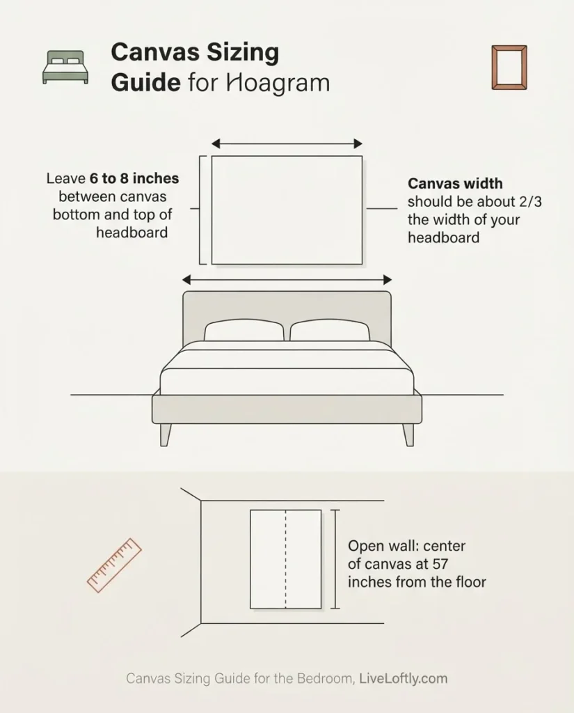 Infographic diagram showing canvas print sizing rules for above a bed, including the two-thirds width rule and 6 to 8 inch gap above headboard