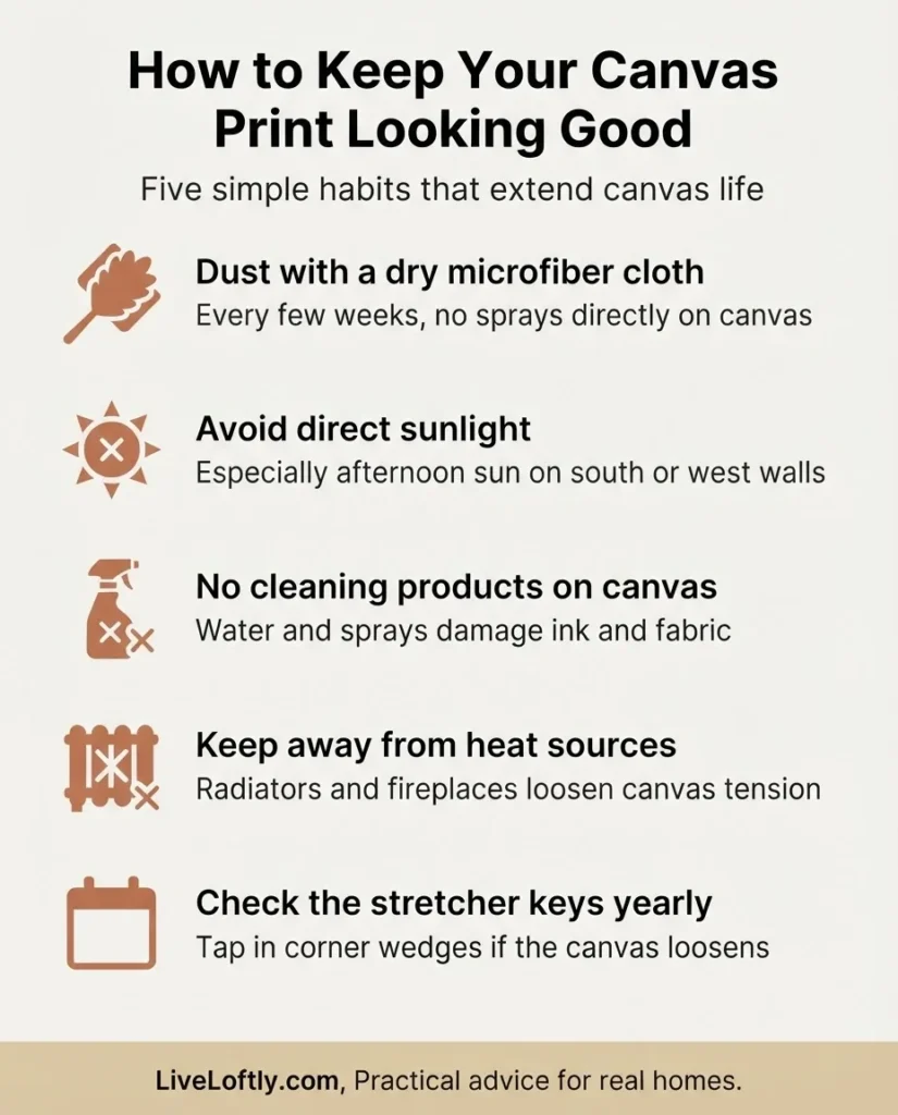Canvas print care and cleaning checklist infographic showing five maintenance tips including dusting with microfiber cloth, avoiding direct sunlight, and keeping away from heat sources