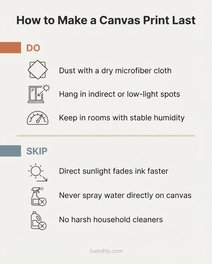 Flat infographic care guide for canvas prints showing dos and don'ts including avoiding direct sunlight, using a dry microfiber cloth, and keeping prints away from high humidity areas