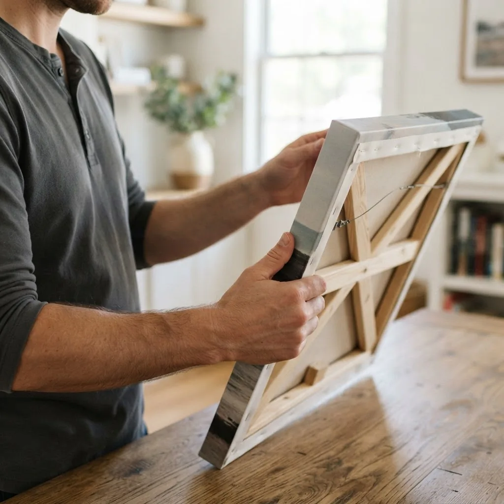 Close-up of hands checking the back and side depth of a stretched canvas print frame, showing the 1.5-inch gallery wrap wood stretcher bars