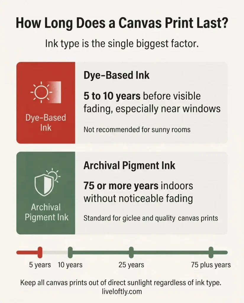 Infographic comparing canvas print lifespan between dye-based ink and archival pigment ink, showing fade timelines from 5 to 10 years versus 75 or more years with labeled sunlight and indoor condition icons