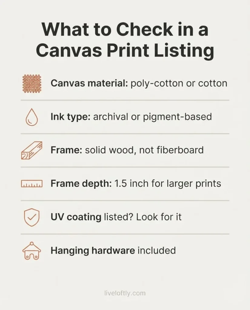 Flat infographic checklist titled "What to Check in a Canvas Listing" showing six quality signals for buying canvas prints on Amazon including canvas type, ink type, frame material and hanging hardware