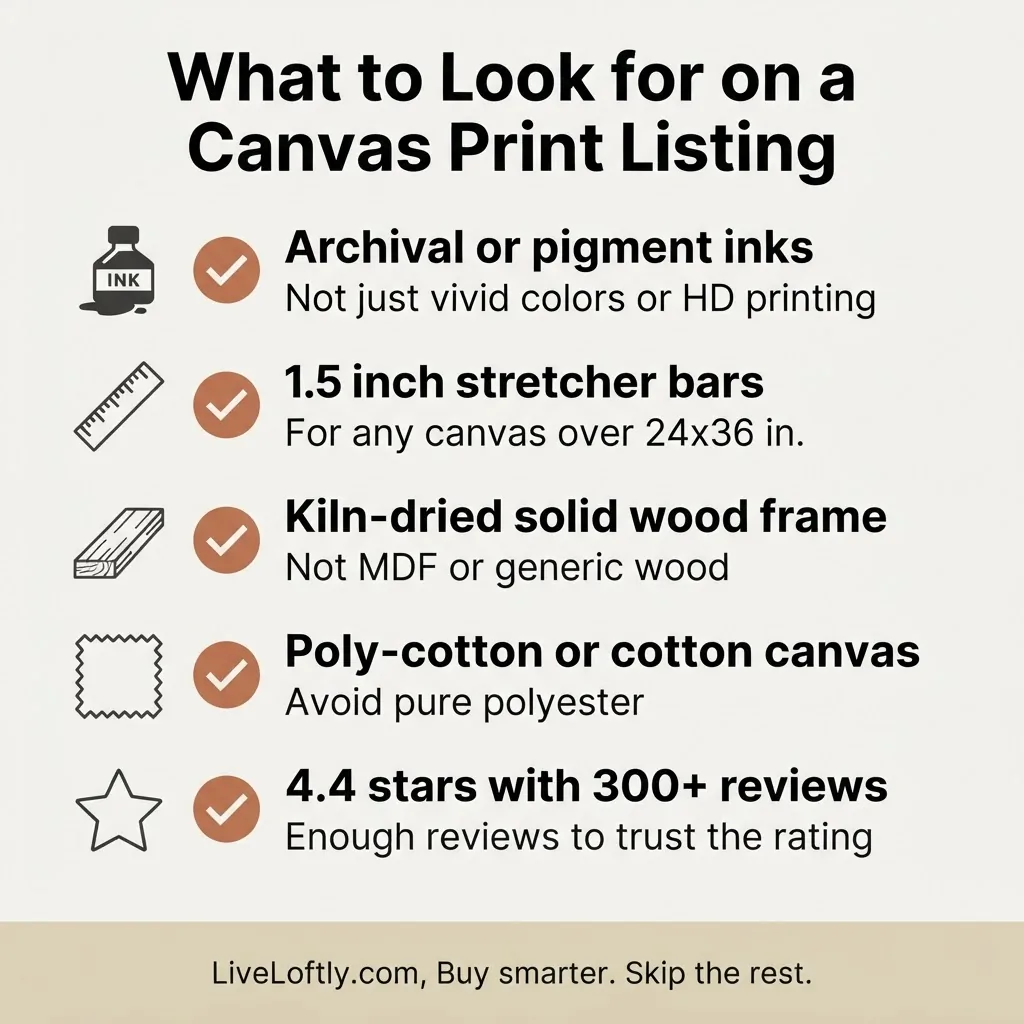 Buying checklist infographic showing five quality signals to look for in a large canvas print listing, including ink type, stretcher bar depth, and canvas material