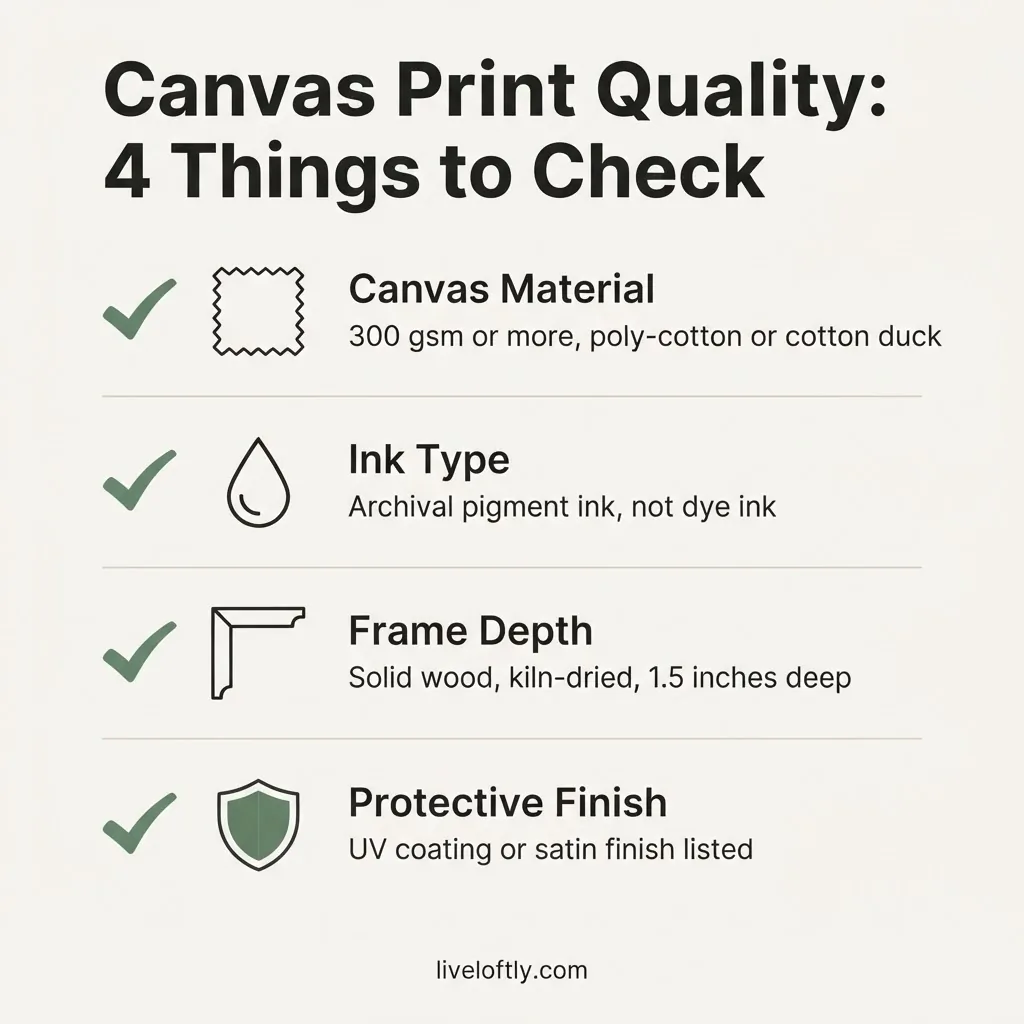 infographic showing what to look for in a canvas print listing versus what to skip, covering ink type, stretcher bar depth, canvas material, and UV coating