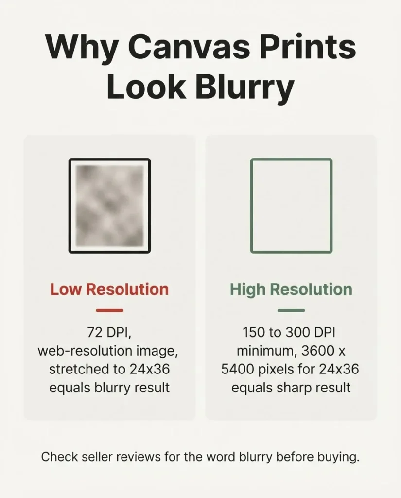 Infographic comparing blurry low-resolution canvas print versus sharp high-resolution canvas print, with DPI and pixel count labels for common canvas sizes