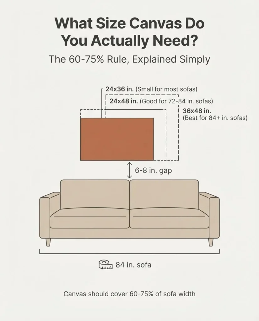Infographic diagram showing the 60-75% canvas sizing rule above a sofa, with labeled dimensions for 24x36, 24x48, and 36x48 inch canvas prints