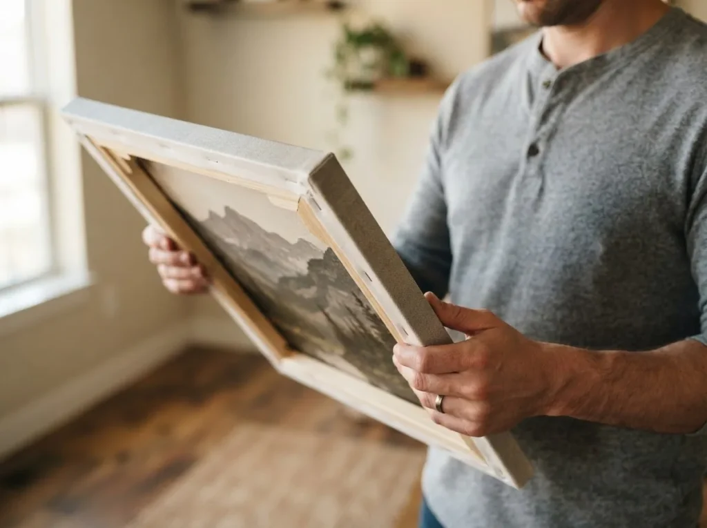 Close-up of hands tilting a stretched canvas to show the side profile of a 1.5-inch solid wood stretcher bar frame construction and gallery wrap edge