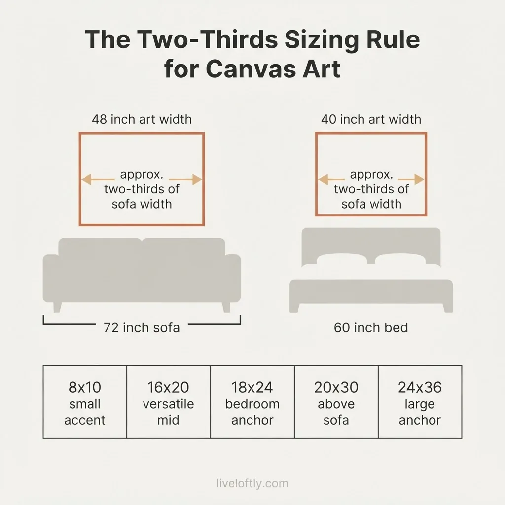Flat diagram showing the two-thirds wall art sizing rule above a sofa and a bed with labeled measurements in inches for common canvas print sizes