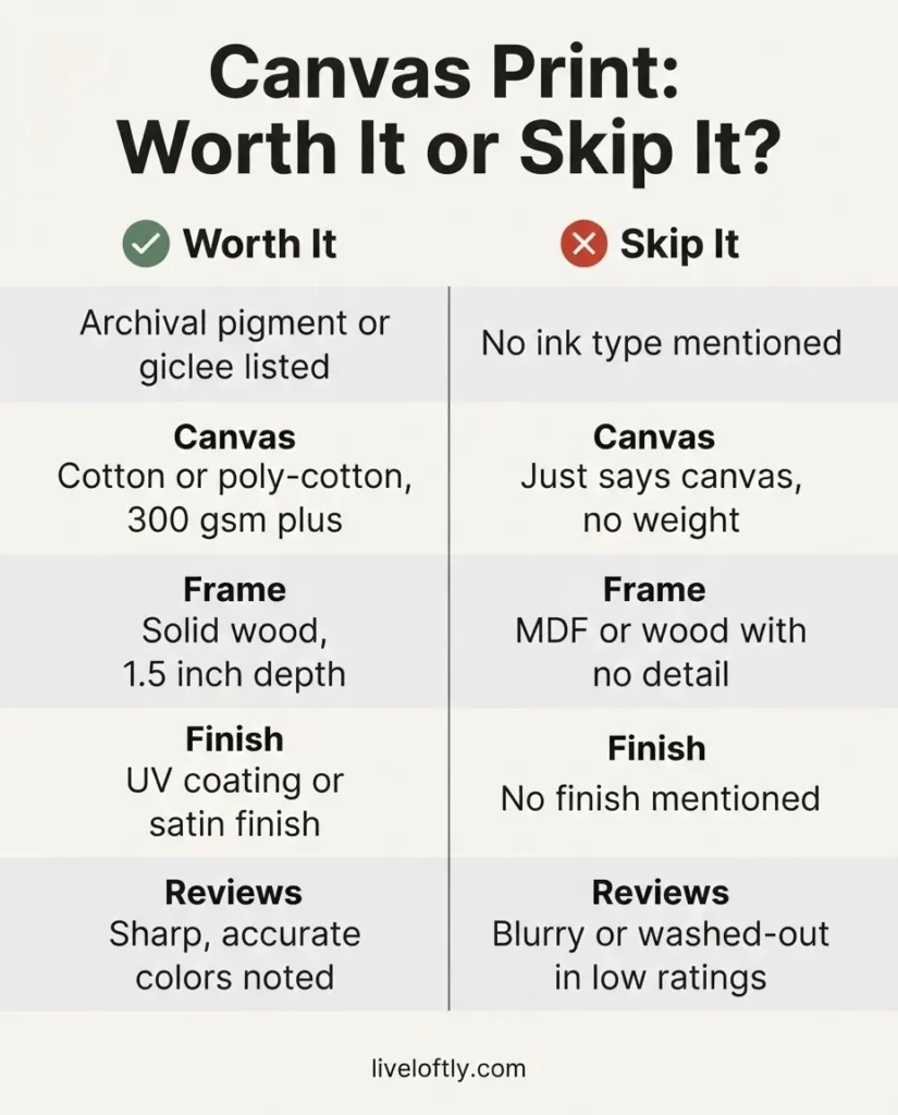 Worth it versus skip it comparison infographic for canvas print buying, showing green flag and red flag listing signals side by side across ink type, frame, canvas material, finish, and reviews