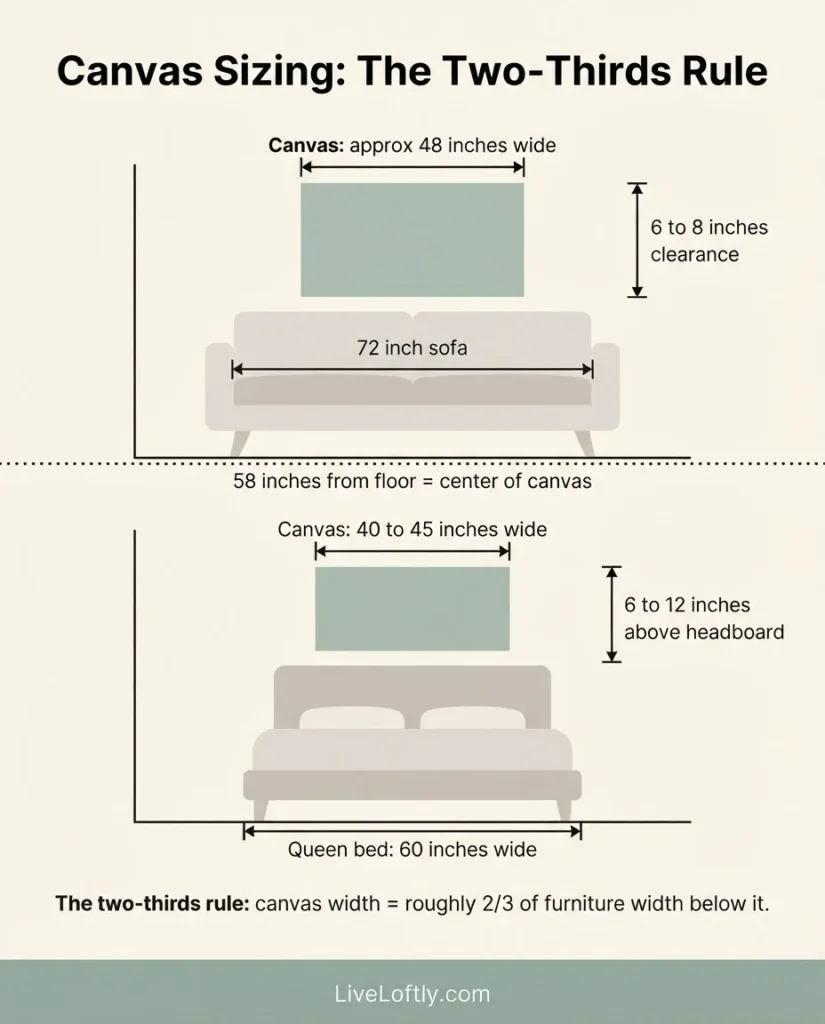 Side-view sizing diagram showing the two-thirds rule for canvas print width above a 72-inch sofa and above a queen bed, with labeled dimensions and hanging height