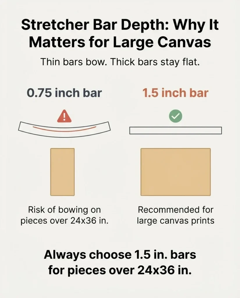 Cross-section diagram comparing 0.75 inch and 1.5 inch canvas stretcher bar depths, showing which is recommended for large canvas prints over 24x36 inches
