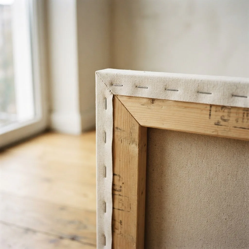 Close-up of the back edge of a gallery-wrapped canvas showing a 1.5-inch kiln-dried pine stretcher bar, corner joint, and canvas staples