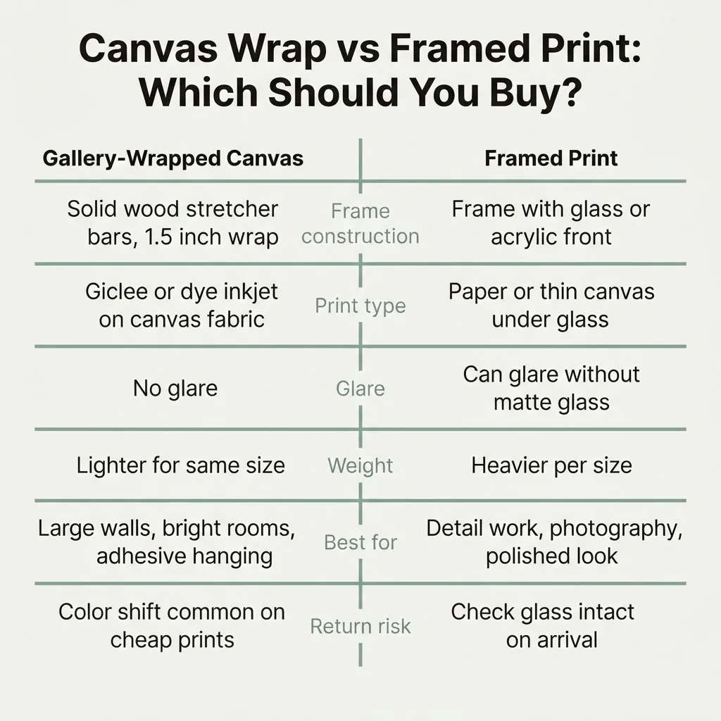 canvas wrap vs framed print comparison infographic showing frame construction, print type, weight, glare, best use case, buying guide for wall art