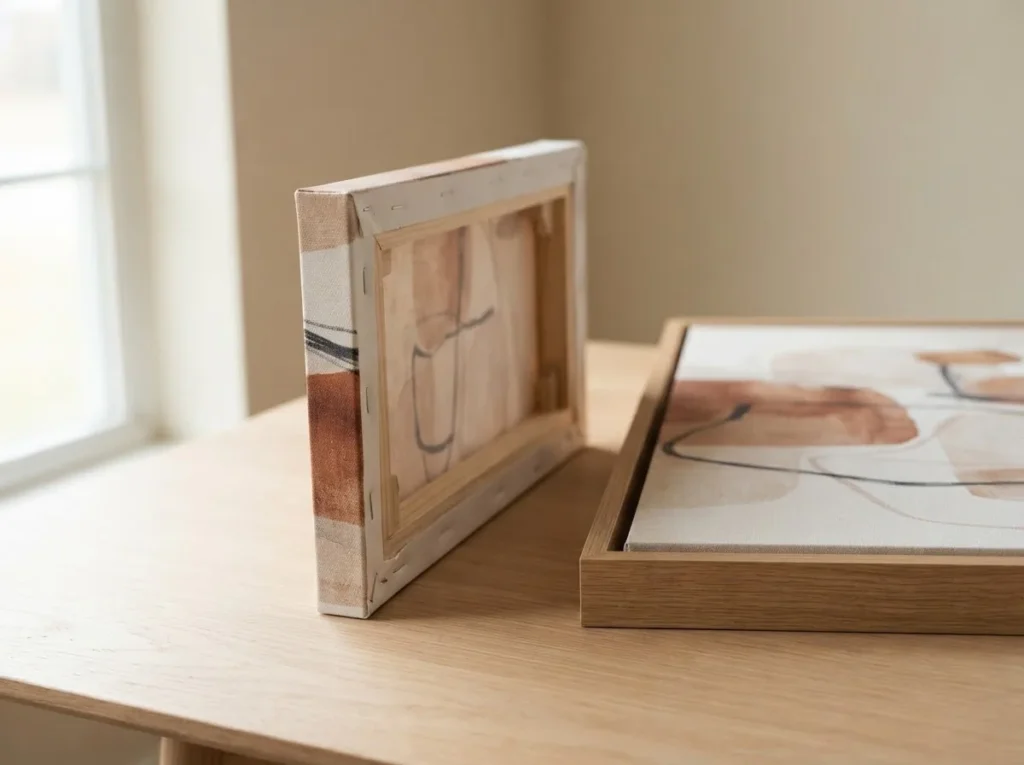 Close-up side view of a stretched canvas print showing wooden stretcher bar frame thickness and canvas wrap, next to a thinner framed canvas panel, on a light wood table in natural indoor light, showing construction difference