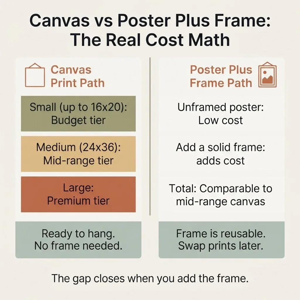 infographic comparing the total cost of a canvas print versus a poster print plus frame, showing budget path and mid-range path side by side
