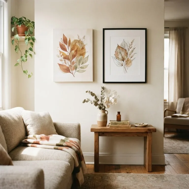 canvas print and framed poster print displayed side by side on a white apartment wall in a warm, lived-in living room, showing scale and real-room proportion