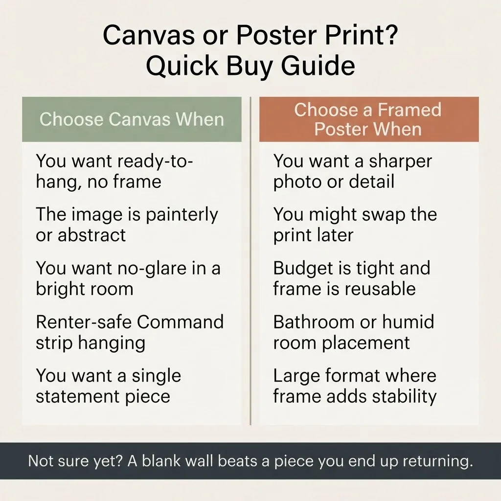 worth it or skip it summary card comparing when to buy a canvas print versus a framed poster print, covering renter situations, budget paths, image type, and humidity considerations