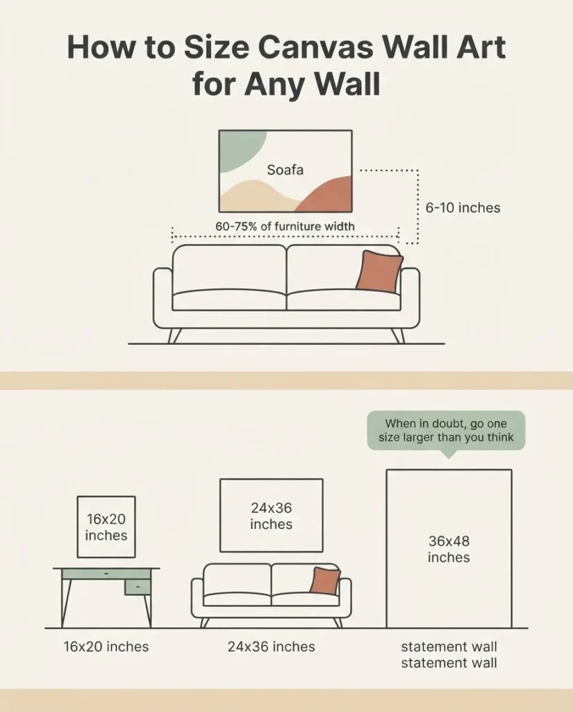 Diagram showing correct canvas wall art sizing proportions above a sofa and bed, 60 to 75 percent furniture width rule, art placement measurements for small rooms