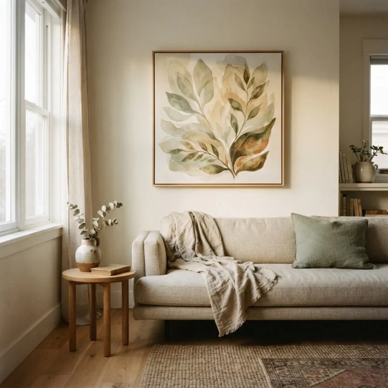 Large canvas print hung above a neutral linen sofa in a calm, light-filled apartment living room showing real-room scale and proportion