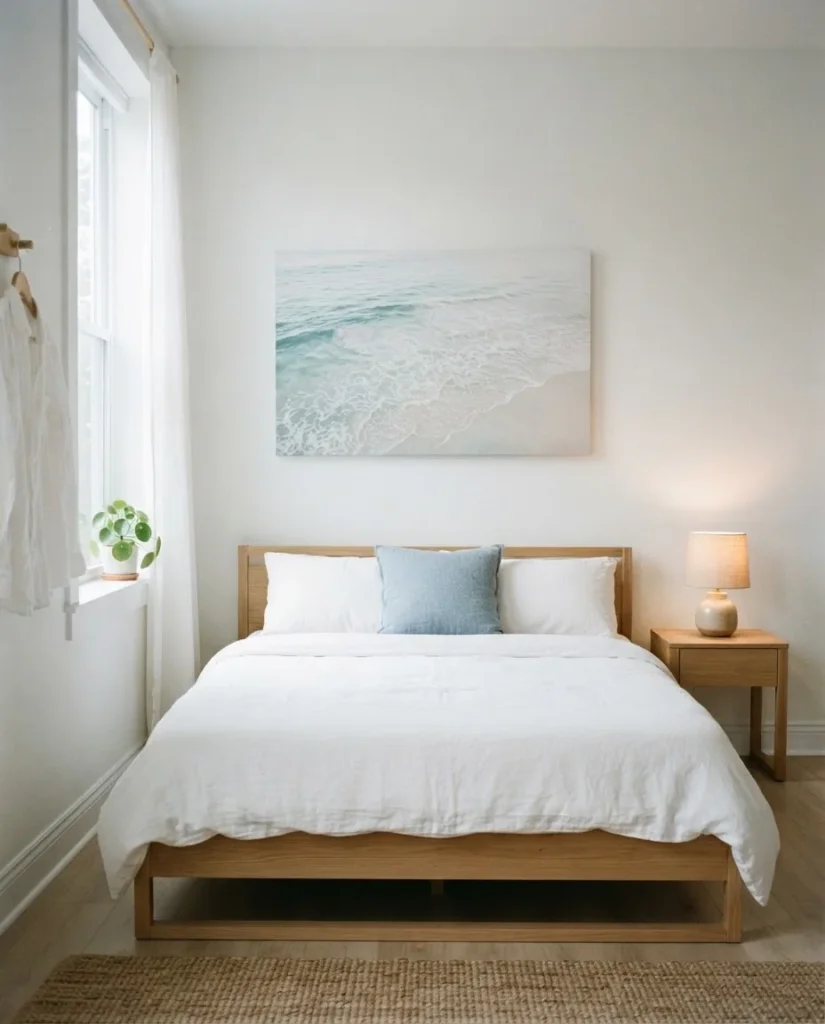 Minimalist small bedroom with coastal ocean canvas print above a linen bed, soft blue and sandy neutral palette, clean white walls, natural morning light