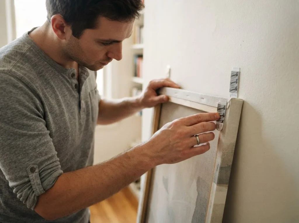 Hands applying 3M Command picture hanging strips to the back of a lightweight canvas print in a rental apartment