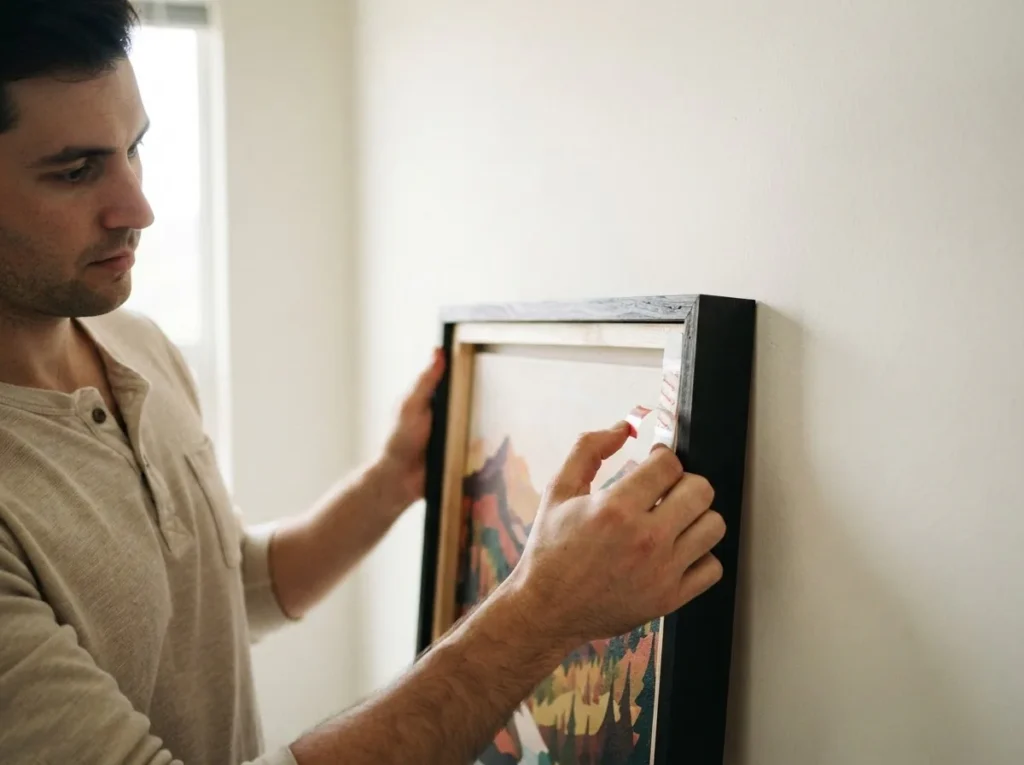 Close-up of a man's hands pressing Command picture hanging strips firmly onto the back of a medium-sized framed canvas print, smooth white painted apartment wall in the background, bright natural interior light, rental apartment context showing damage-free art hanging technique