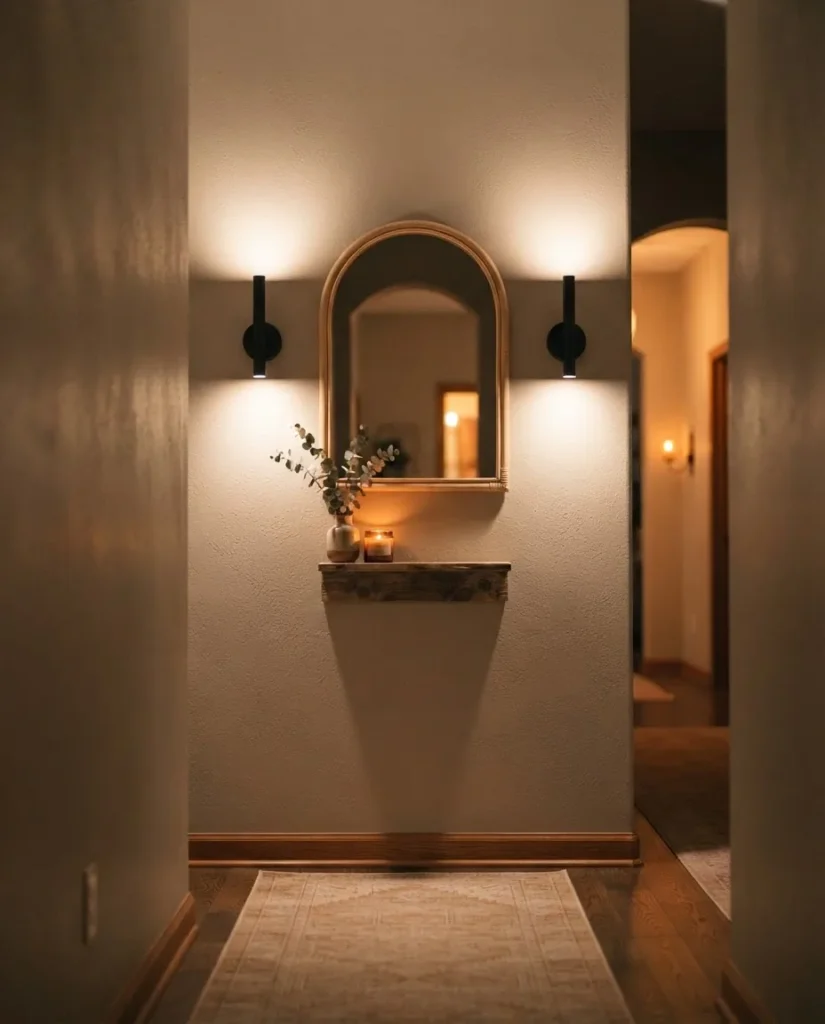 Narrow hallway wall with two cordless battery-operated sconces flanking a framed mirror, warm amber glow, cozy evening atmosphere