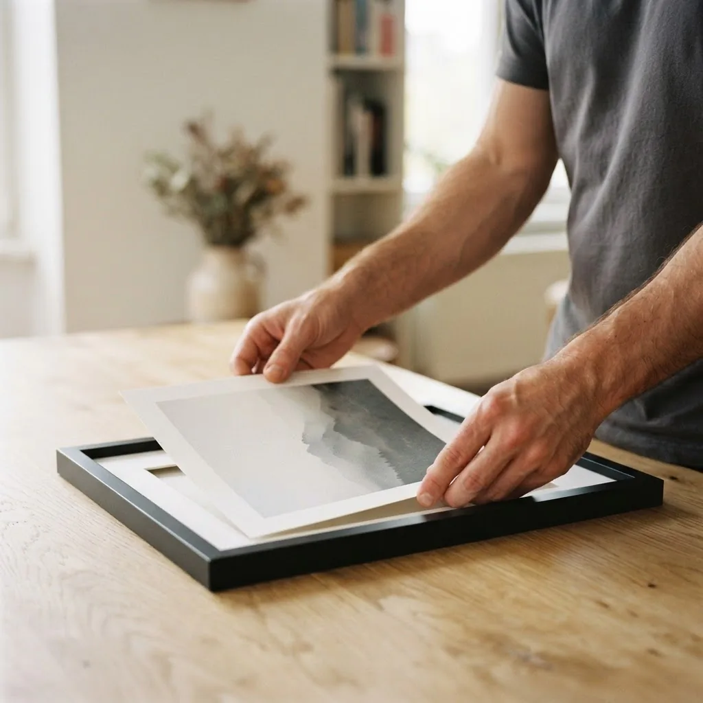 Close-up of a man's hands sliding a printed art print into a black MDF picture frame on a light wood surface in a bright apartment, DIY picture frame assembly, frame it yourself buying guide