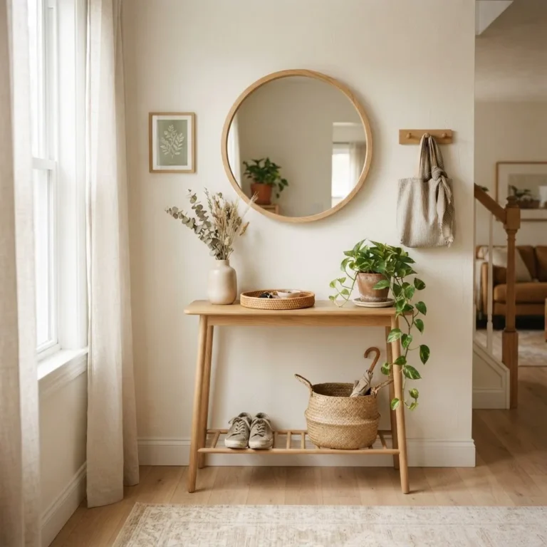 Round wood-framed mirror above a slim console table in a small bright entryway styled with a ceramic vase, tray, and trailing plant in warm natural light
