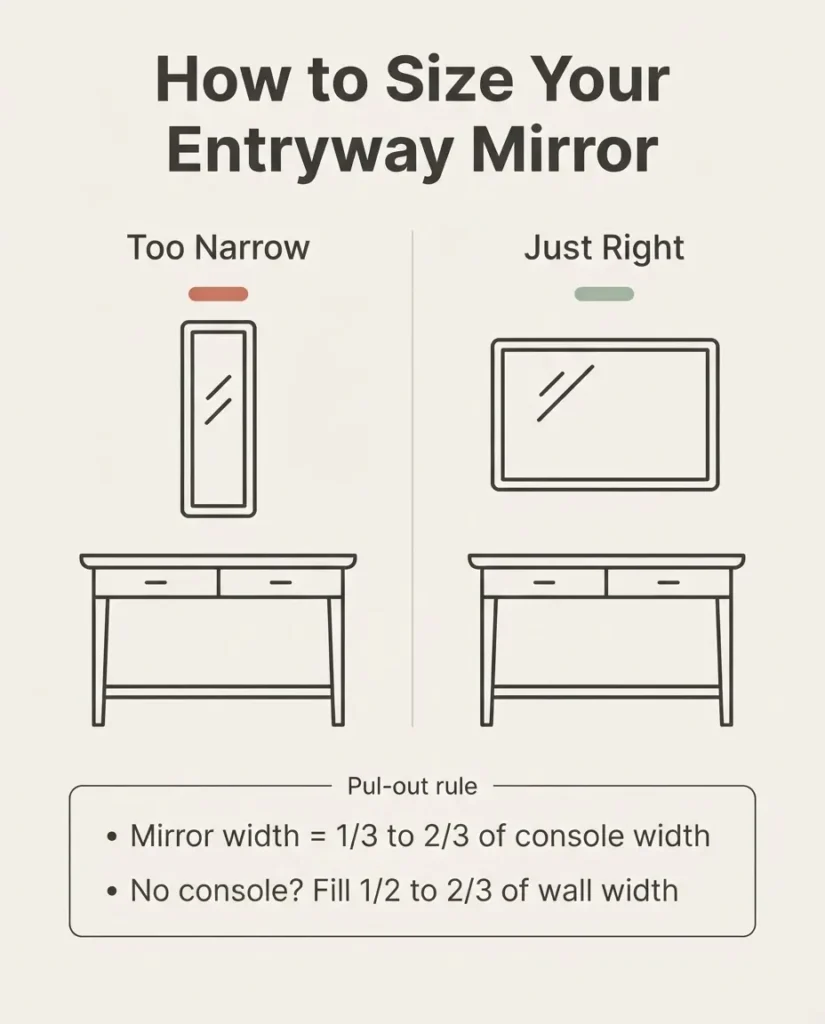 Infographic diagram showing entryway mirror sizing rules including the two-thirds width proportion rule for mirrors above console tables with labeled measurements