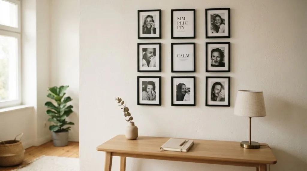 Even grid gallery wall of matching black frames with black and white photos above a white desk in a small apartment