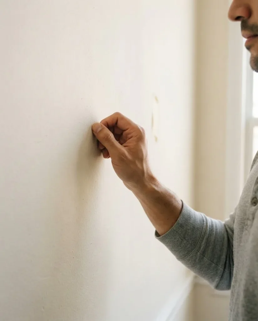 man's hand knocking on a drywall wall to locate a stud, close-up shot, natural light, apartment interior, renter home context