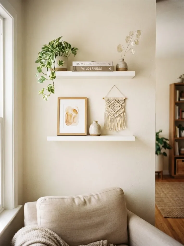 Two floating wall shelves styled in a small living room, 60 to 70 percent filled with small plants, stacked books, and a framed photo, warm natural light, boho neutral tones, macrame texture visible
