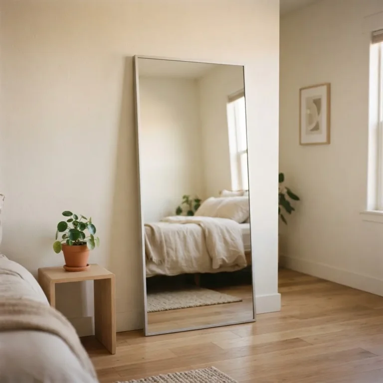 Large leaning floor mirror in a calm neutral bedroom showing full-body reflection and real-room scale against a white wall in natural morning light