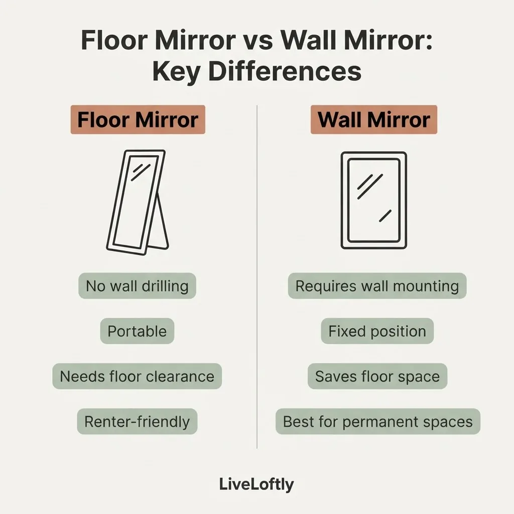 Floor mirror vs wall mirror side-by-side comparison infographic showing leaning floor mirror and wall-mounted mirror with labeled differences for renters and small spaces