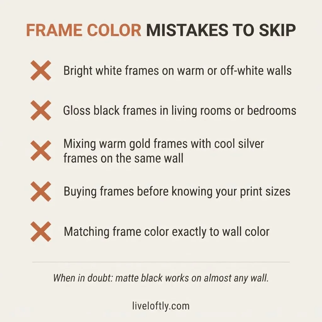 infographic checklist of picture frame color mistakes to skip including bright white on warm walls glossy black and mismatched undertones