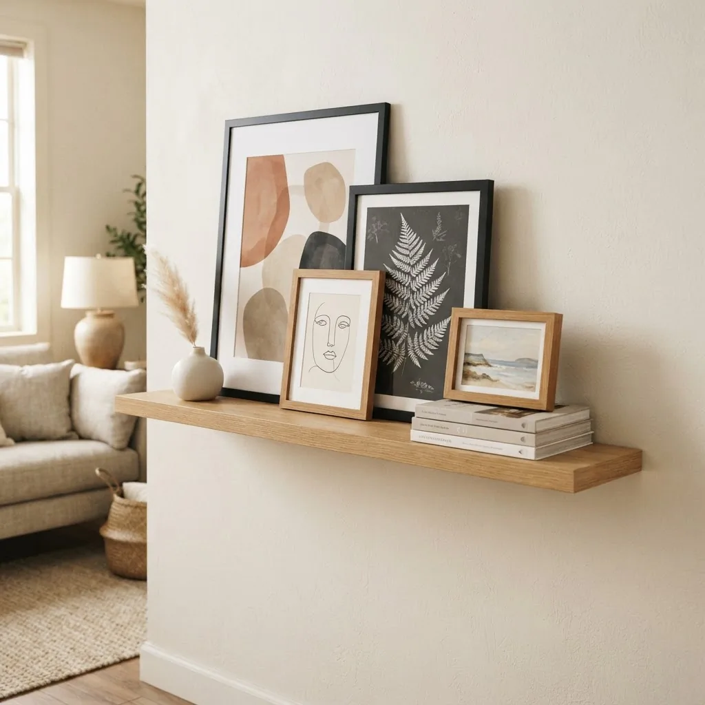 Styled shelf display mixing black and natural wood frames with botanical and abstract prints, small bud vase, and stacked books in a calm modern apartment