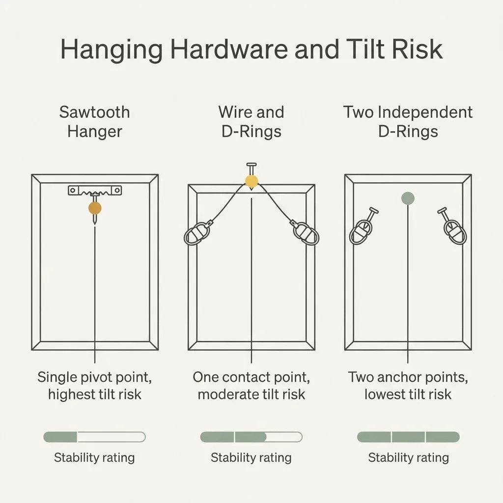 Flat vector diagram comparing three picture frame hanging hardware types, sawtooth hanger, single wire with D-rings, and two independent D-rings, with stability ratings labeled