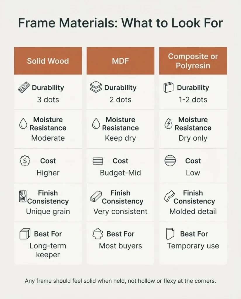 Flat vector infographic comparing solid wood, MDF, and composite picture frame materials across durability, cost, moisture resistance, and best use case, with labeled icons and a calm neutral color palette