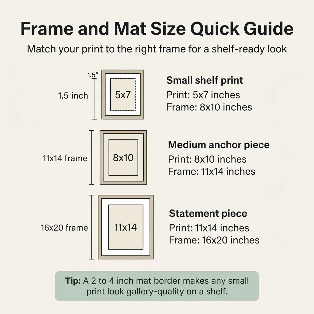 Infographic showing standard art print sizes and matching frame sizes with mat widths for shelf display, flat design with clean labels