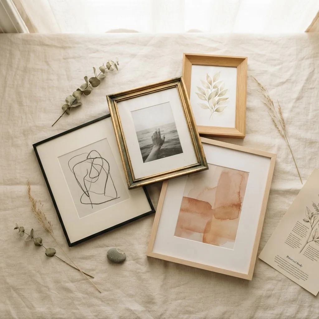 Flat-lay arrangement of four picture frames in different finishes, black metal, natural light wood, warm honey wood, and an ornate thrifted gold frame, on a linen surface with small art prints and a dried botanical stem
